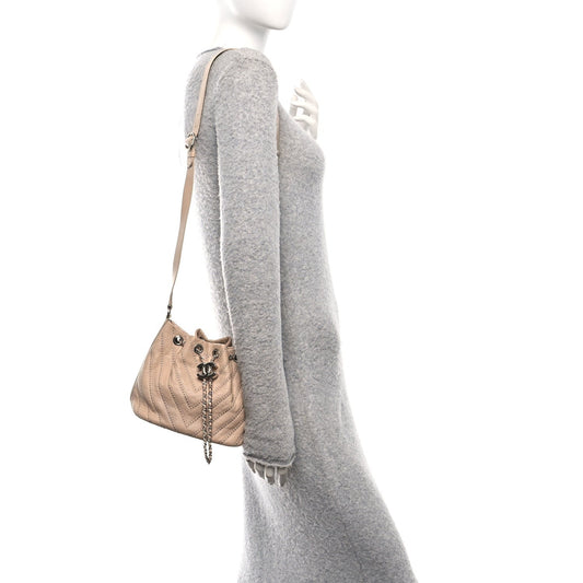 Metallic Calfskin Studded Chevron Quilted Small Stud Wars Drawstring Bag Beige