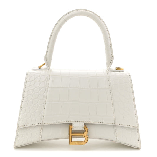 Calfskin Crocodile Embossed Small Hourglass Top Handle Bag White
