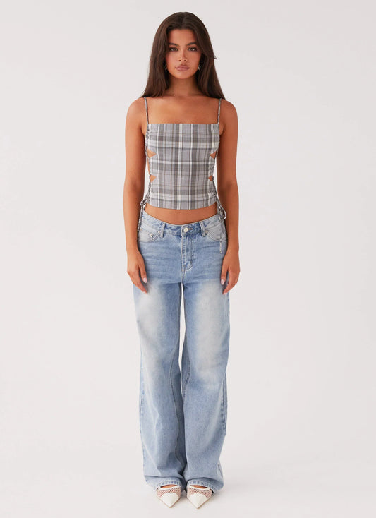 Trista Tie Top - Grey Tartan