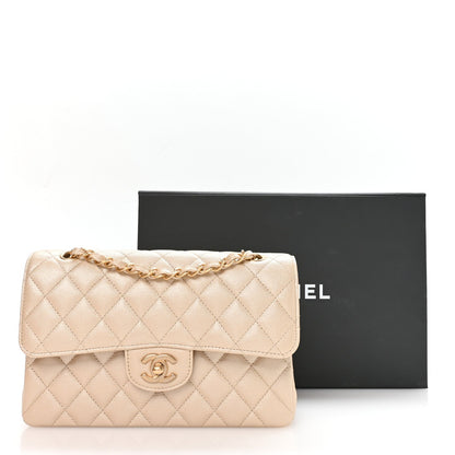 Metallic Caviar Quilted Small Double Flap Beige