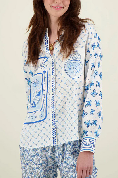 Conjunto de camisa holgada de manga larga y pantalón con cintura elástica con estampado único de dragón estilizado en satén