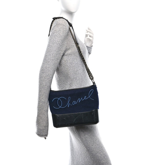 Calfskin Wool Embroidered Paris Hamburg Small Gabrielle Hobo Dark Navy Blue