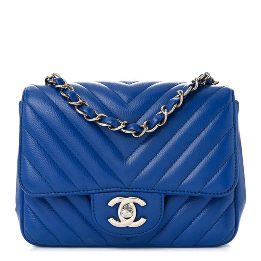 Caviar Chevron Quilted Mini Square Flap Blue