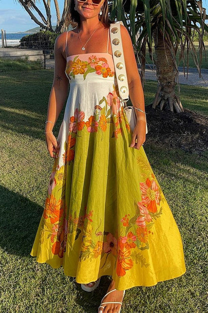 Vestido largo de mezcla de lino con estampado floral en contraste y bolsillos fruncidos en la espalda