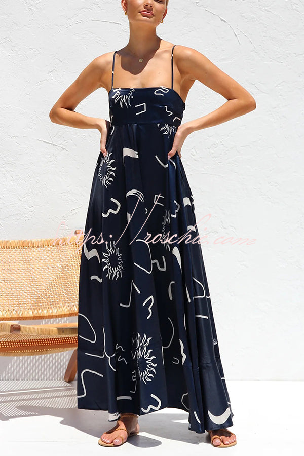Elide Satin Unique Print Back Smocked Vacation Maxi Dress