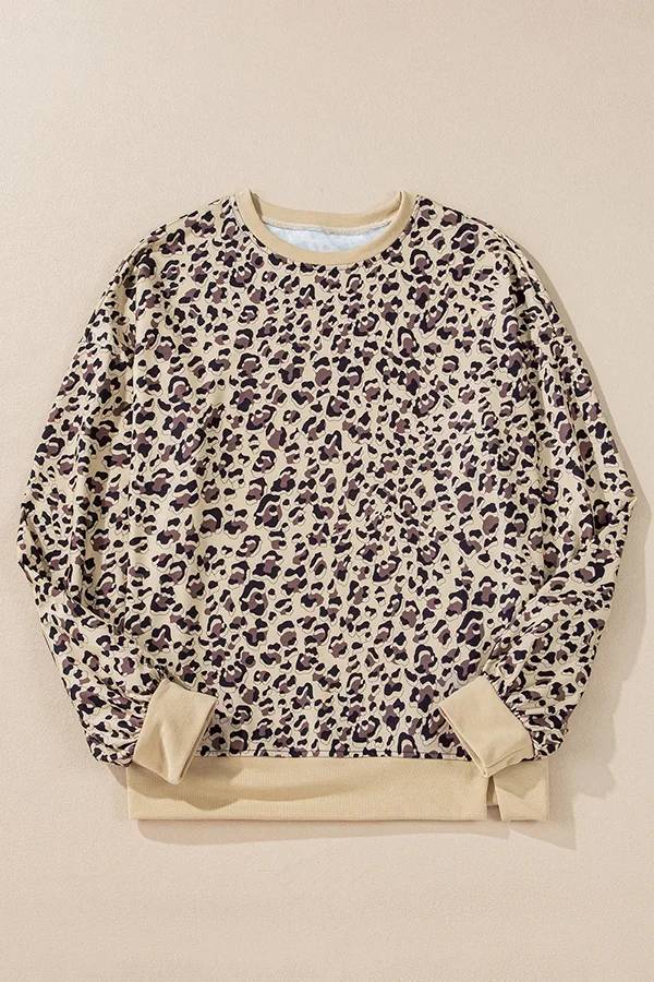 Sudadera holgada informal de manga larga con cuello redondo y estampado de leopardo 