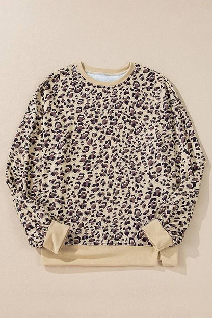 Sudadera holgada informal de manga larga con cuello redondo y estampado de leopardo 