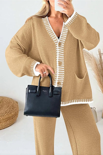 Conjunto de cárdigan informal de punto de manga larga con bolsillos y pantalones anchos y holgados con cintura elástica.