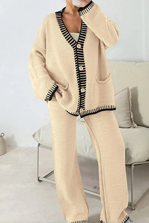 Conjunto de cárdigan informal de punto de manga larga con bolsillos y pantalones anchos y holgados con cintura elástica.
