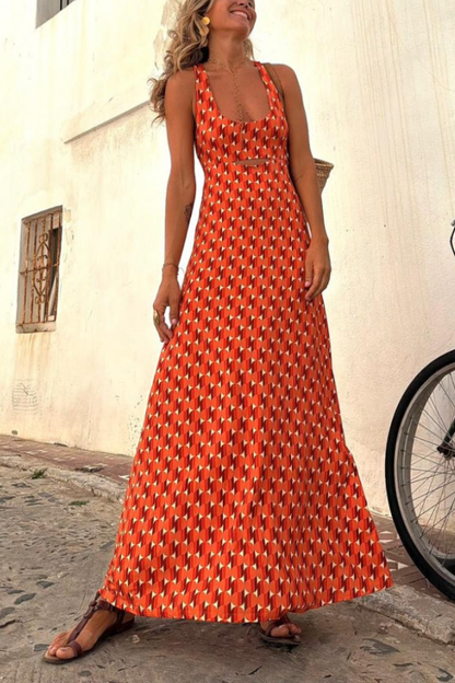 Vestido naranja de manga corta con estampado regular y tirantes largos