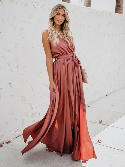 Wrap Dress Sleeveless Blush Pink V Neck Knotted Slit Prom Maxi Dresses