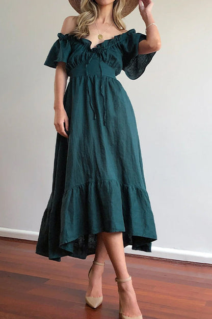 VESTIDO MIDI CON HOMBROS DESCUBIERTOS Y BORDES CON VOLANTES