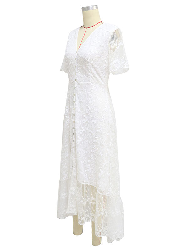 Maxi Dress V Neck Short Sleeves Lace Casual White Boho Dresses