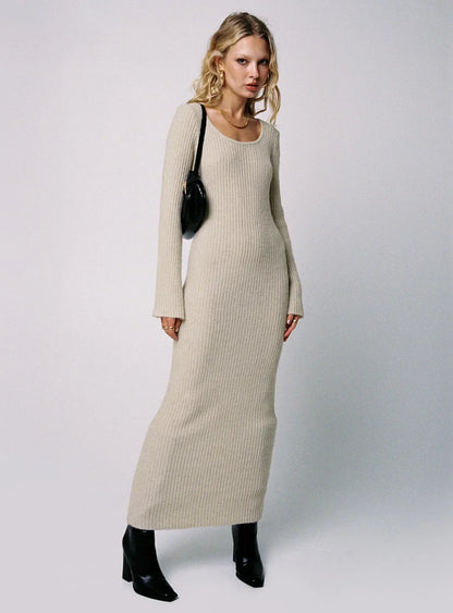 Malletti Long Sleeve Maxi Dress Beige