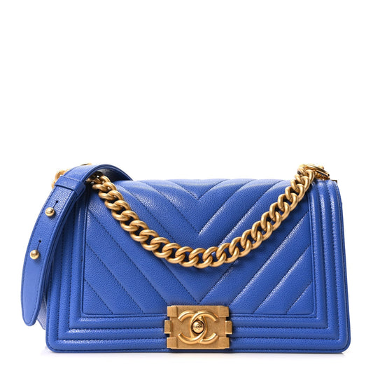 Caviar Chevron Quilted Medium Boy Flap Dark Blue