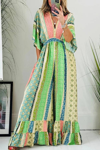 Mono holgado de pierna ancha con bolsillos y mangas acampanadas con estampado floral retro de Last Queen