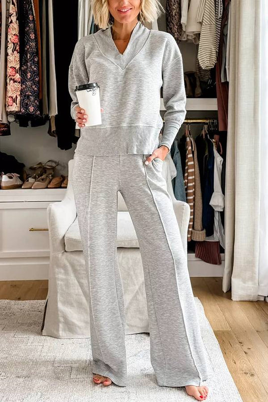 Conjunto de top de cuello en V y pantalones de estar por casa con bolsillos y cintura elástica de color liso para el frío 