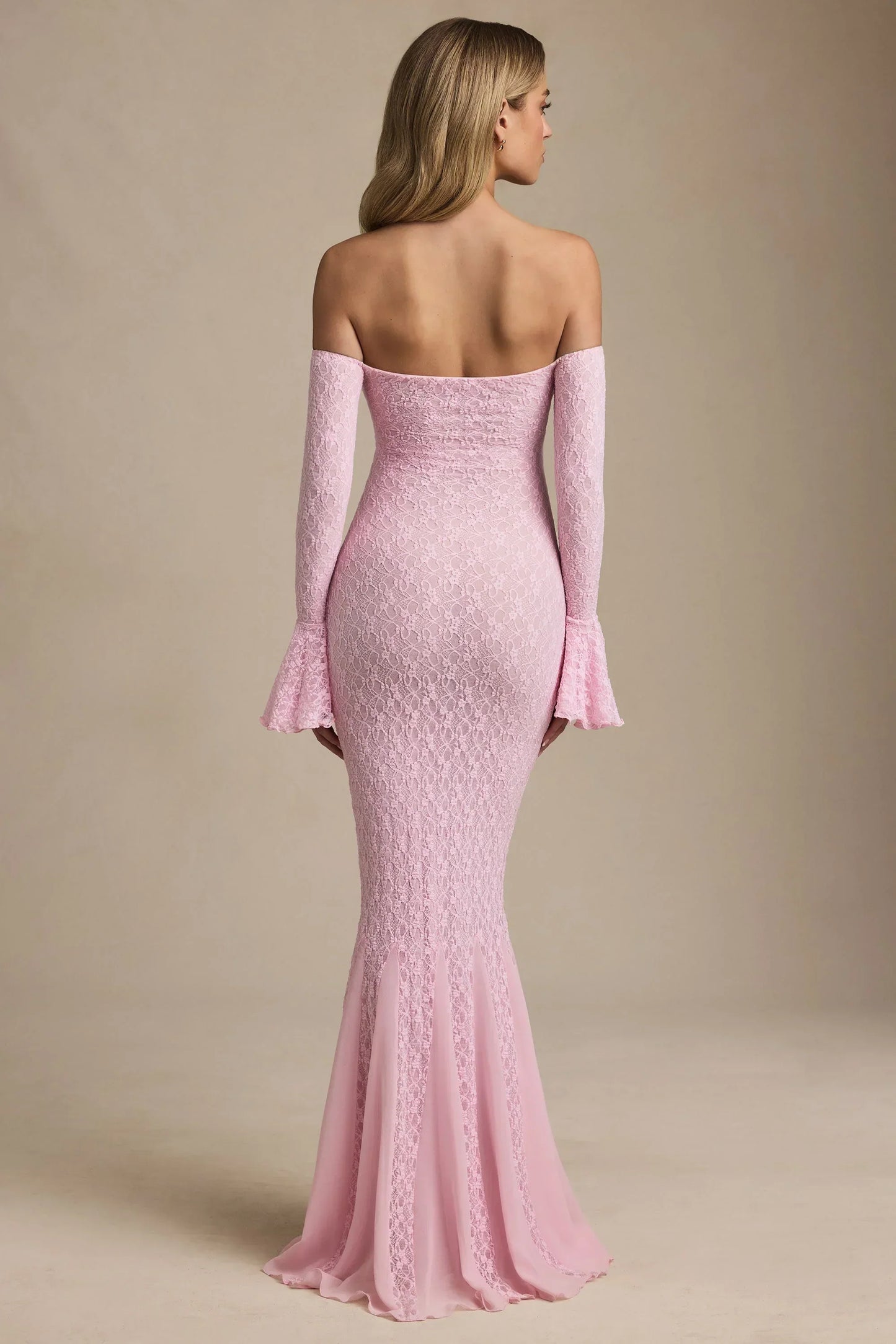 Off-Shoulder Ruffle Lace Maxi Dress in Soft Pink
