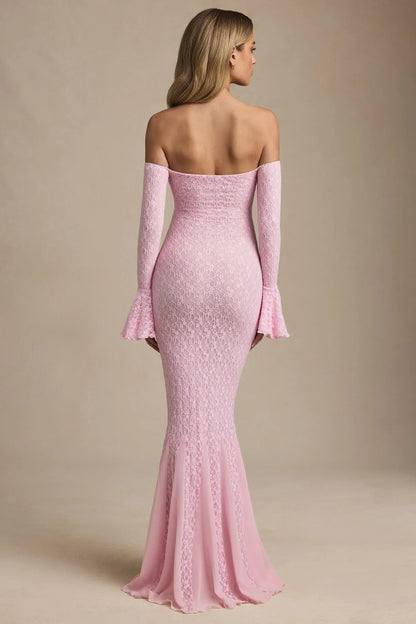 Off-Shoulder Ruffle Lace Maxi Dress in Soft Pink