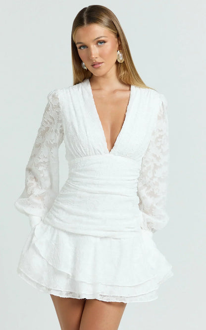 Bijou Mini Dress - Embroidery Long Sleeve Dress in White