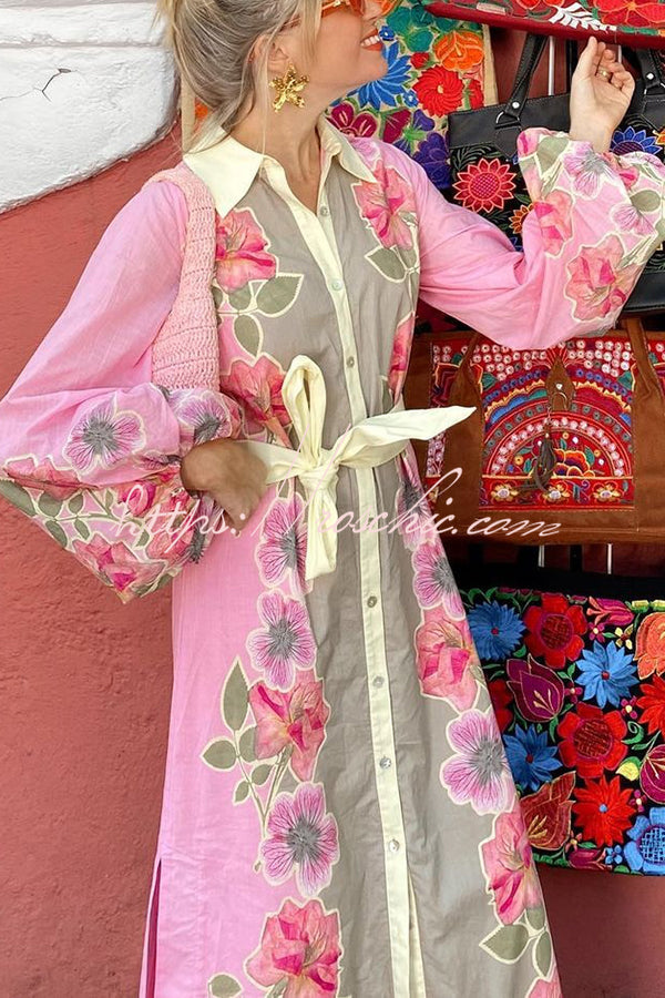 Linen Blend Floral Print Casual Cardigan Lace-up Maxi Dress