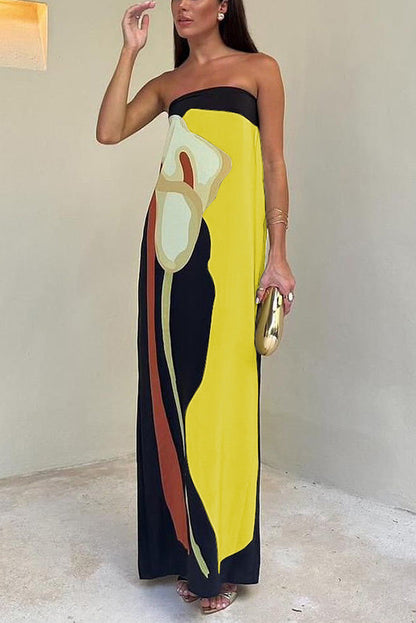 Jaime Abstract Floral Print Elasticated Off Shoulder Vacation Loose Maxi Dress