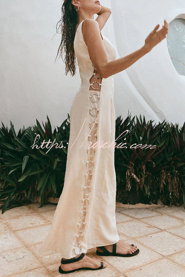 Glimmer of Hope Linen Blend Unique Print Side Hollow Ring Design Maxi Dress
