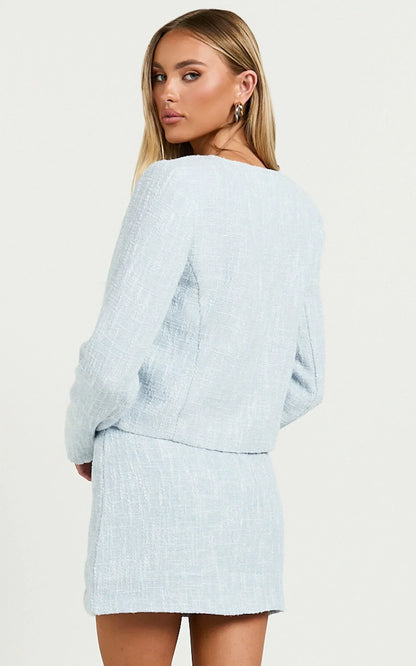 Olympia Mini Skirt - High Waisted A Line Boucle Skirt in Pale Blue