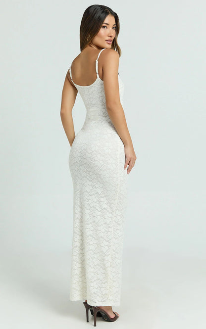 Carly Maxi Dress - Stretch Lace Scoop Neck Dress in Off White
