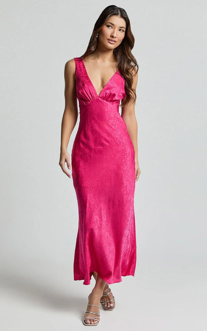 Cohen Midi Dress - Jacquard Satin Midi Dress in Pink
