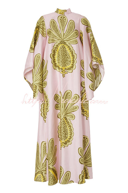 Shine The Light Unique Printed High Neck Bell Sleeve Loose Maxi Dress