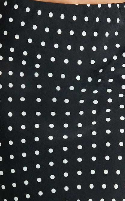Amari Maxi Skirt - High Waisted Bias Cut Skirt in Black Polka Dot