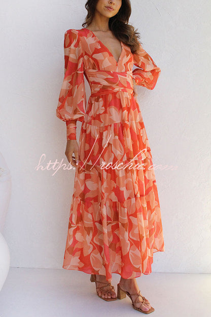 Olena Abstract Floral Balloon Sleeves Maxi Dress (The back is stretchy)