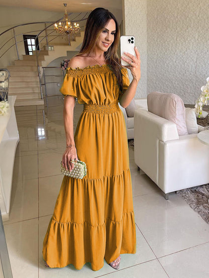 Boho Dress Off The Shoulder Pleated Tiered Casual Summer Maxi Dresses