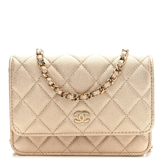 Metallic Lambskin Quilted Mini Wallet On Chain WOC Gold