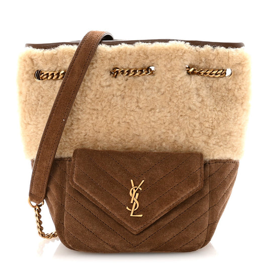 Shearling Suede Monogram Joe Nano Bucket Bag Dark Cigar Natural Beige