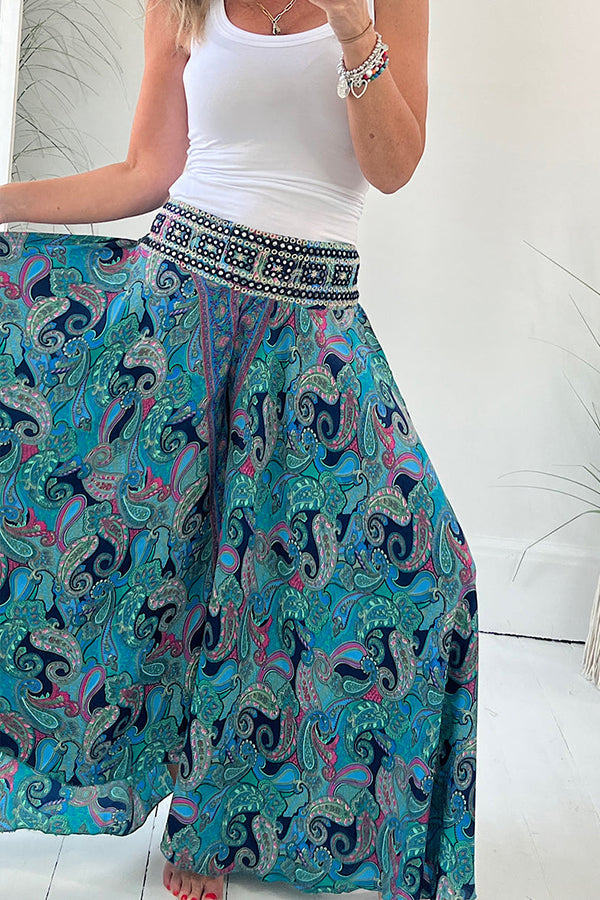 Pantalones ligeros con cintura elástica y estampado paisley étnico