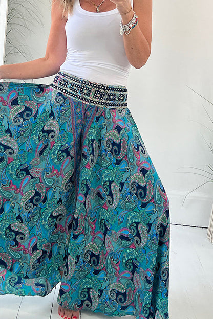 Pantalones ligeros con cintura elástica y estampado paisley étnico
