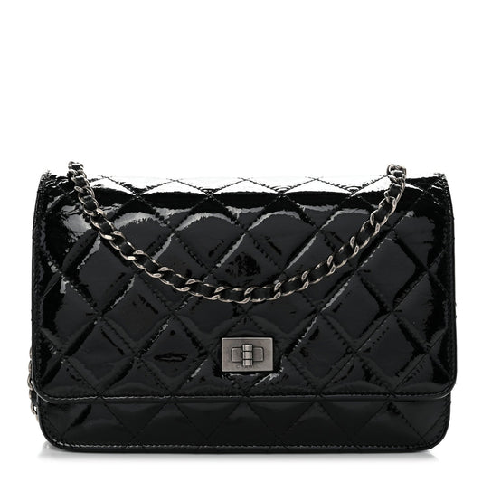 Distressed Patent Calfskin Quilted Reissue Wallet On Chain WOC Black