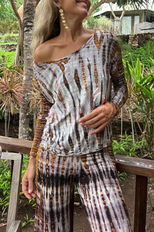 Tie-dye Print Back Cross Cutout Design Loose Stretch Top