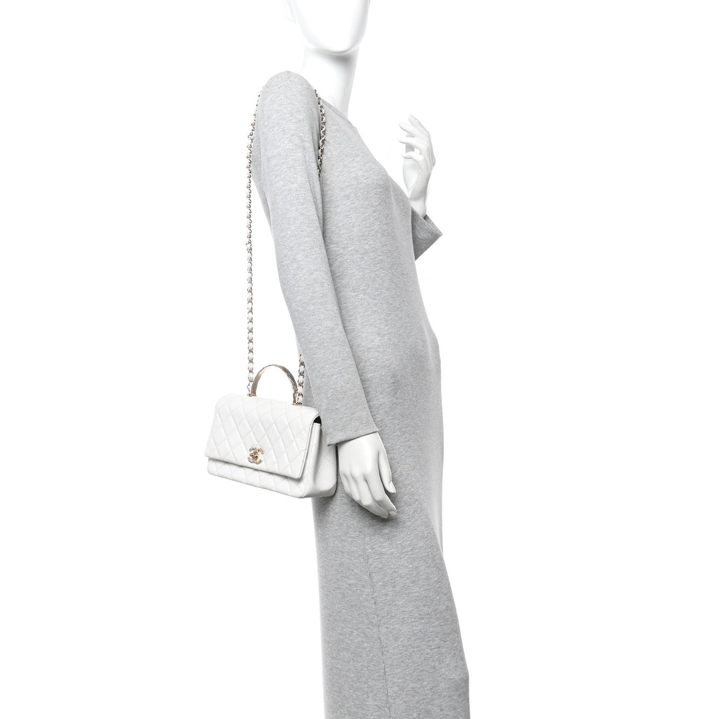 Caviar Quilted Small Top Handle Flap With Chain White