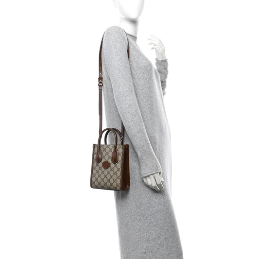 GG Supreme Monogram Azalea Calfskin Mini Retro Interlocking G Tote Bag Beige Ebony Brown Sugar