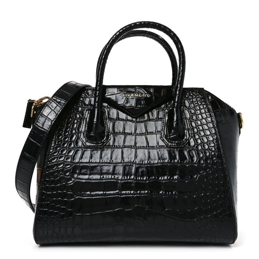 Calfskin Crocodile Embossed Small Antigona Black
