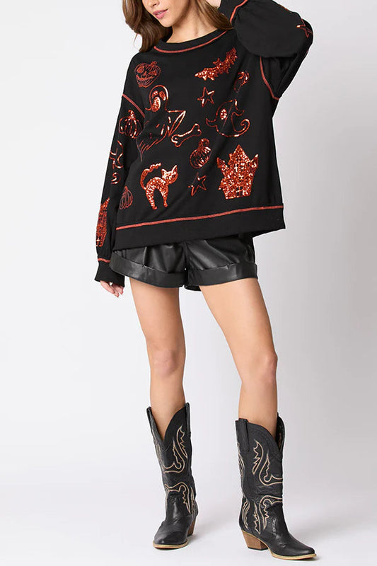 Sudadera informal holgada con lentejuelas y grafiti de Halloween 