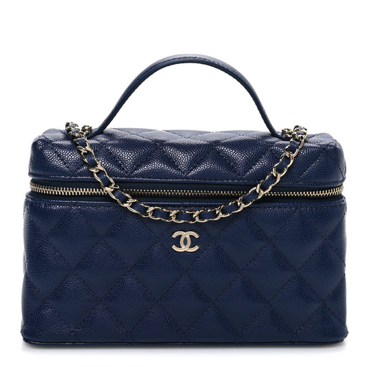 Caviar Quilted Top Handle Slim Vanity With Chain Navy