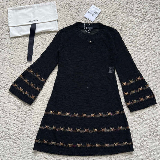 CC Butterfly-Trimmed Bell Sleeve Dress Black Wool 346483