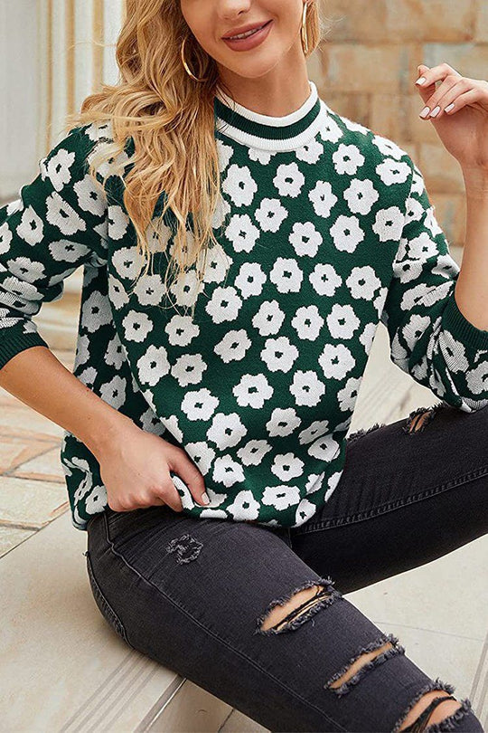 Suéter de punto con estampado floral y cuello alto, suéter ligero con bloques de color