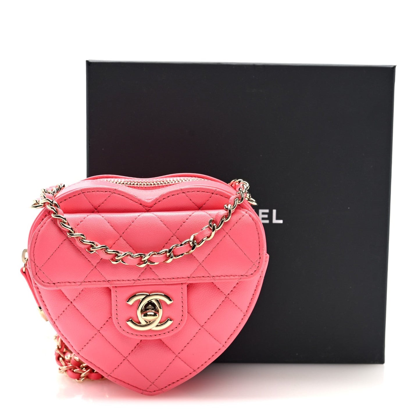Lambskin Quilted CC In Love Heart Clutch With Chain Pink