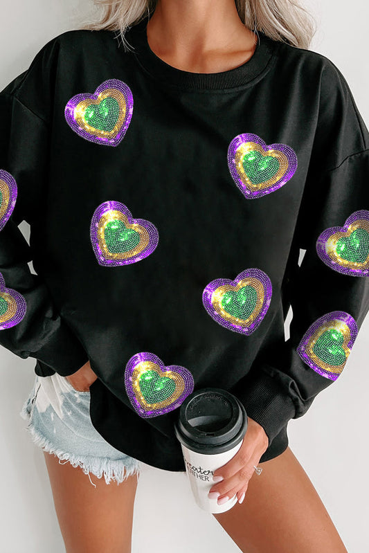 Sudadera negra de cuello redondo con estampado de corazones de Mardi Gras