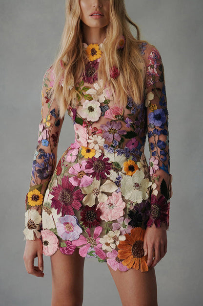 Minivestido de manga larga sin espalda con apliques florales elegantemente encantados 